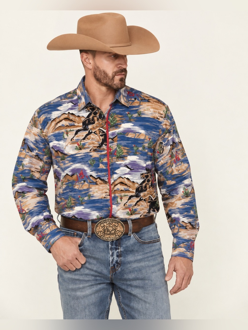 Vintage Circle T Men’s Western Cowboy Print Long Sleeve Collared Shirt Small 572